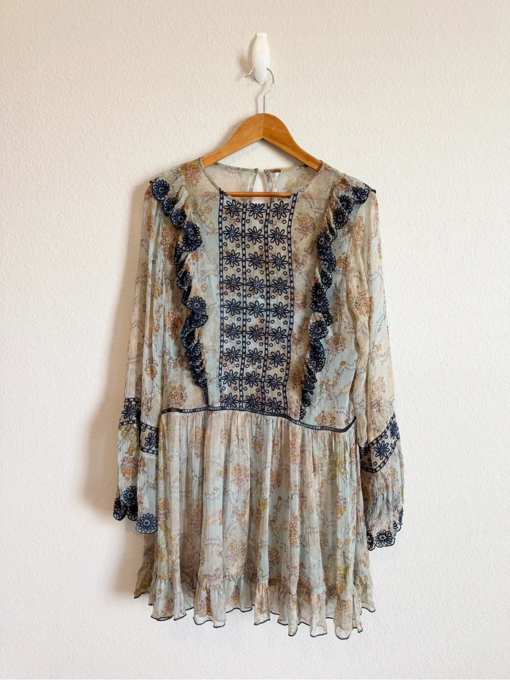 Free People Blue Mist Country Roads Boho Floral Ruffle Embroidered Mini Dress M